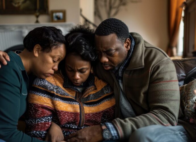A distressed family comforting one another, embodying unity and emotional support during a difficult time